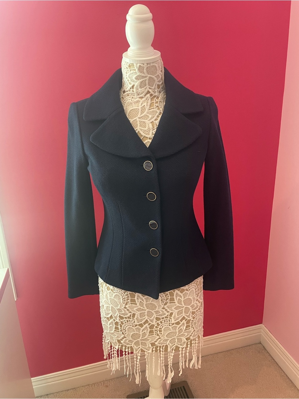 St. John Navy Textured Peplum Blazer with Gold-Tone Buttons - Picture 2 of 5